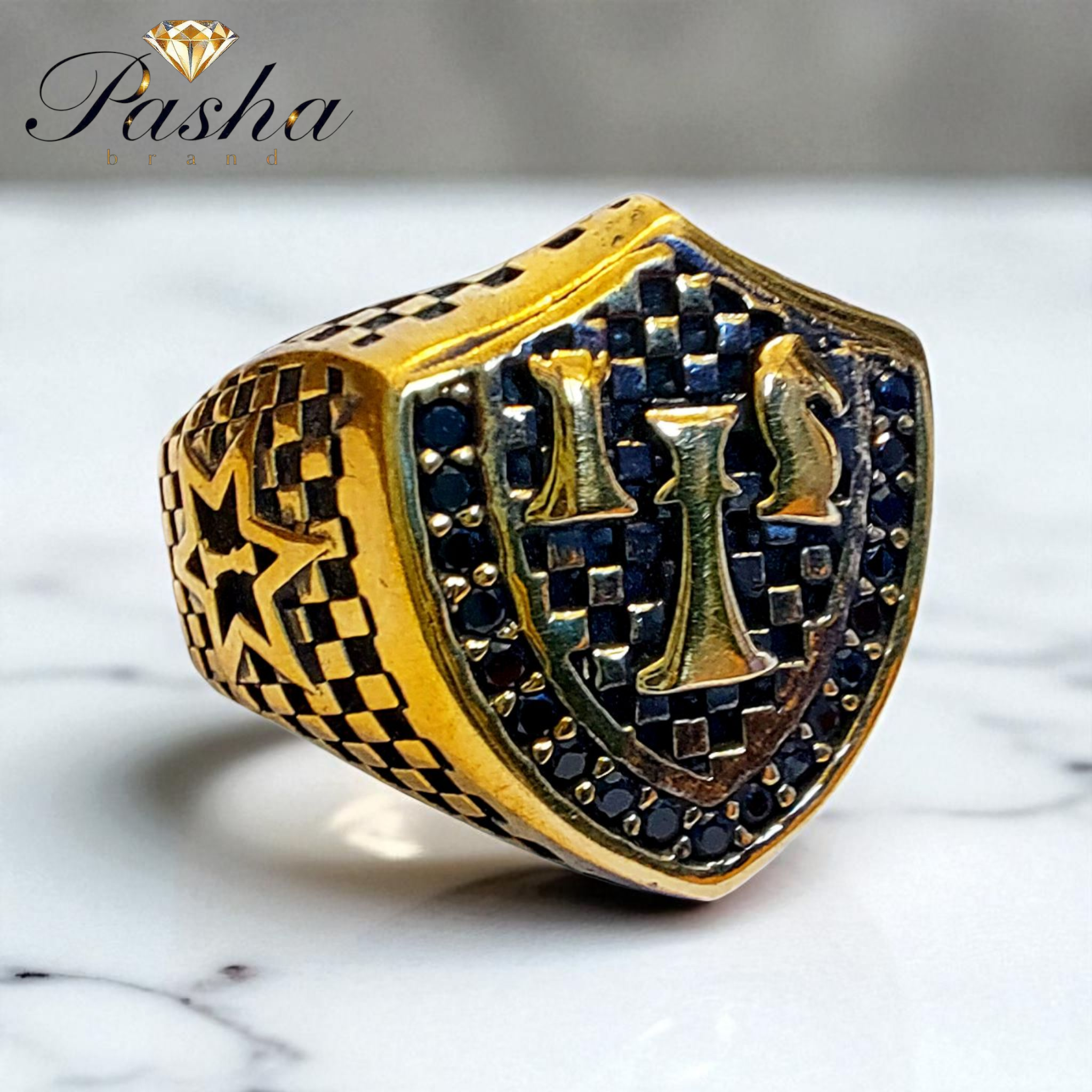 انگشتر طلاروس مردانه طرح مهره‌های شطرنج